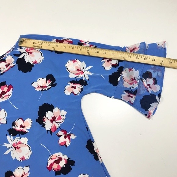 Roz & Ali Floral Flutter Sleeve Ruffle Bell Blue Pink Blouse Flowy Dressy Top XS - Picture 13 of 16